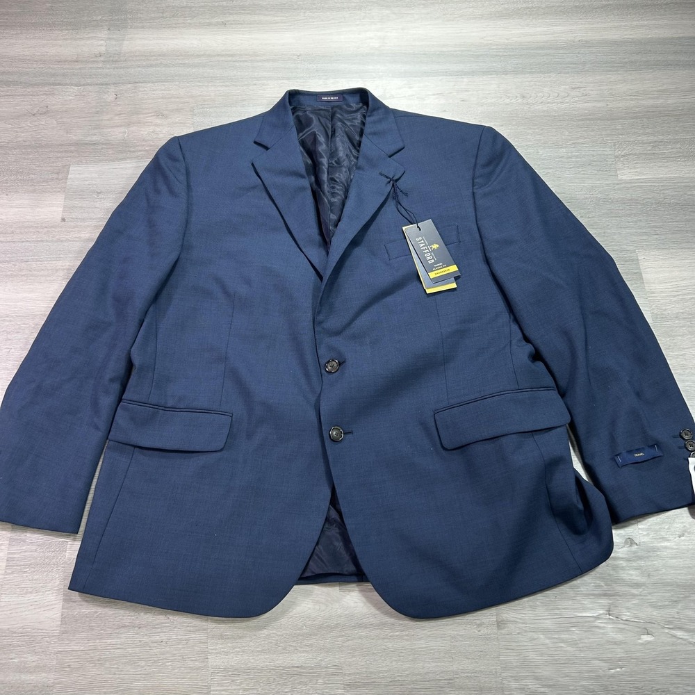 NEW Stafford Suit Jacket Mens 46 Short Blue Travel Classic 2 Button Sharkskin